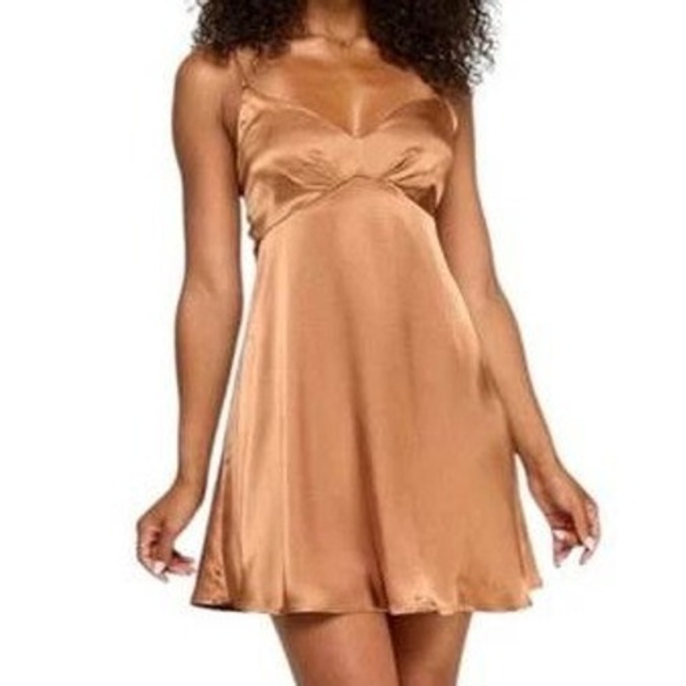 Katia Rae Juniors Satin Slip Dress Sz XL Bronze Cross Back Sleek Party Cocktail